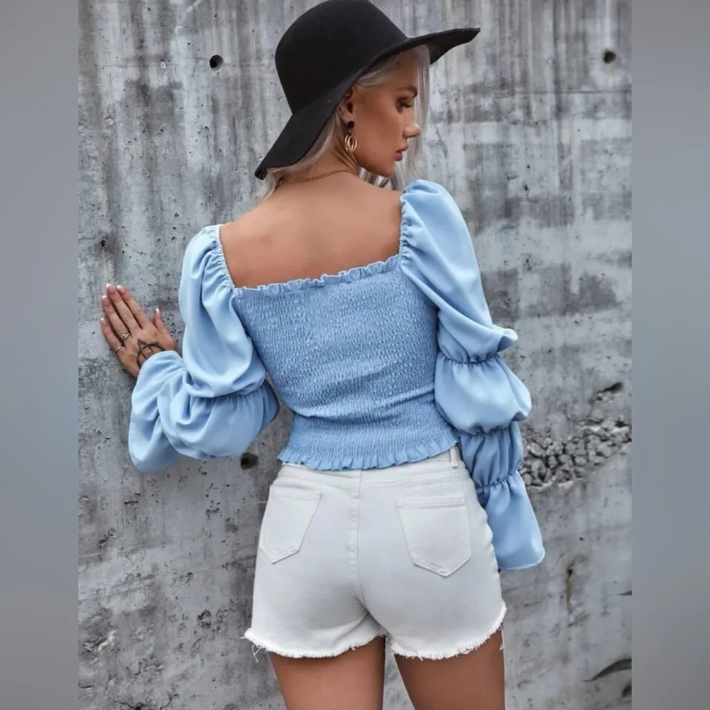 Shirred Bubble Sleeve Top Light Blue Womens Extra Small / XS